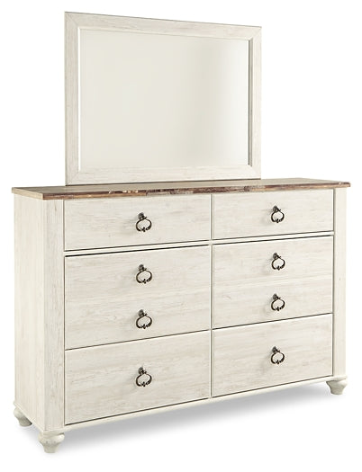 Willowton King/California King Panel Headboard with Mirrored Dresser, Chest and 2 Nightstands