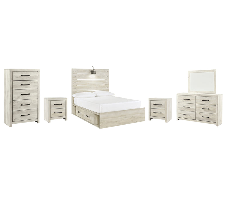 Cambeck  Panel Bed With 4 Storage Drawers With Mirrored Dresser, Chest And 2 Nightstands