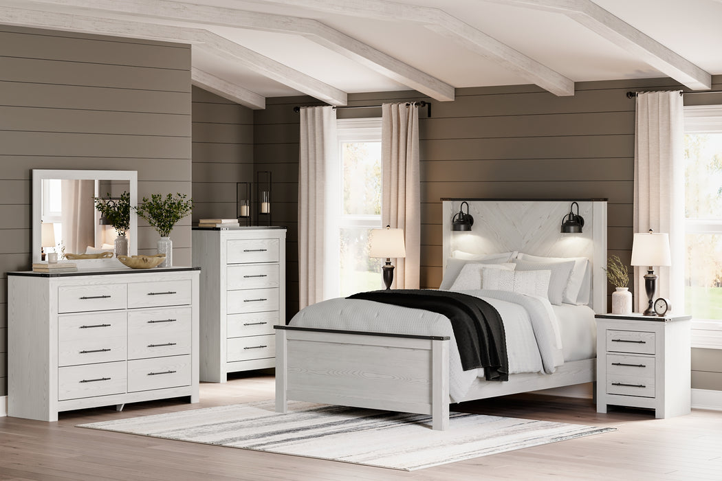 Schoenberg Queen Panel Bed with Mirrored Dresser, Chest and 2 Nightstands