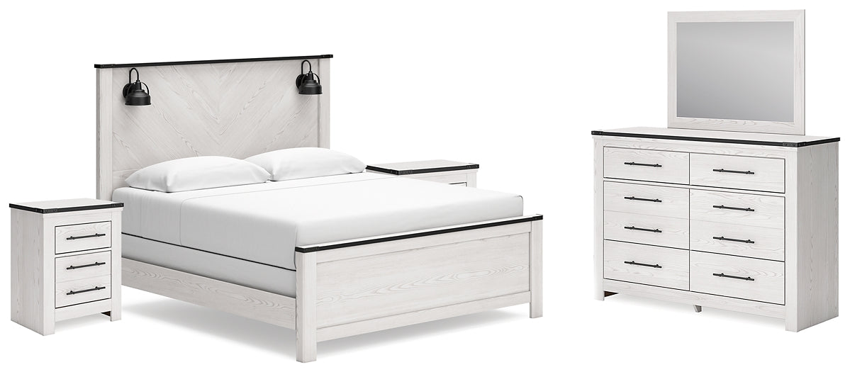 Schoenberg King Panel Bed with Mirrored Dresser and 2 Nightstands