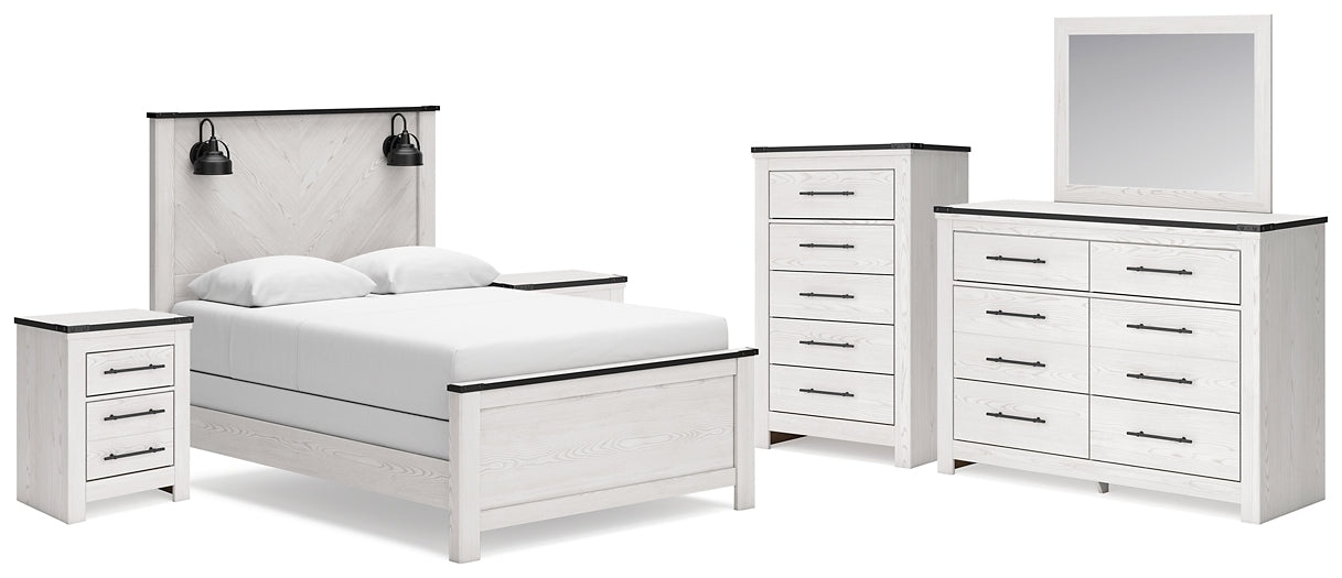 Schoenberg Queen Panel Bed with Mirrored Dresser, Chest and 2 Nightstands