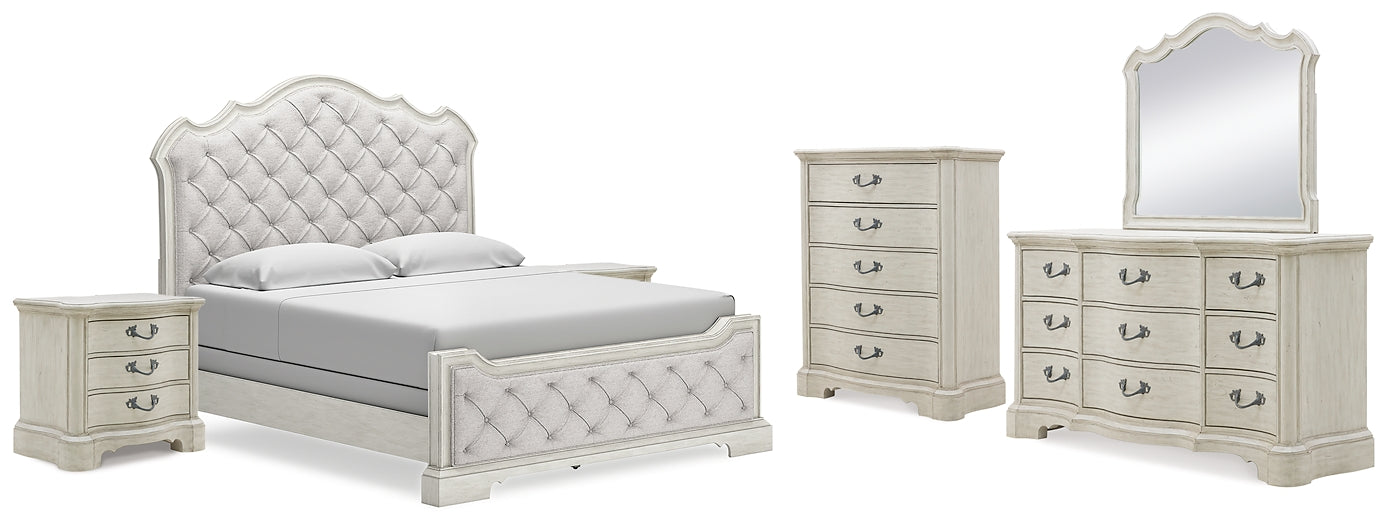 Arlendyne California King Upholstered Bed with Mirrored Dresser, Chest and 2 Nightstands