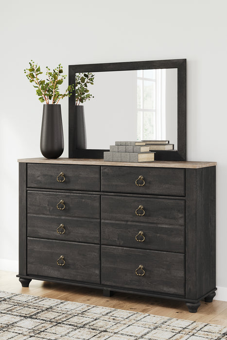 Nanforth King/California King Panel Headboard with Mirrored Dresser