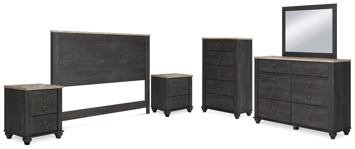 Nanforth King/California King Panel Headboard with Mirrored Dresser, Chest and 2 Nightstands