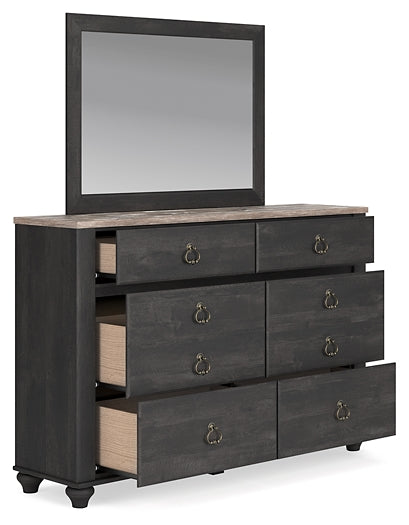 Nanforth King Panel Bed with Mirrored Dresser and 2 Nightstands