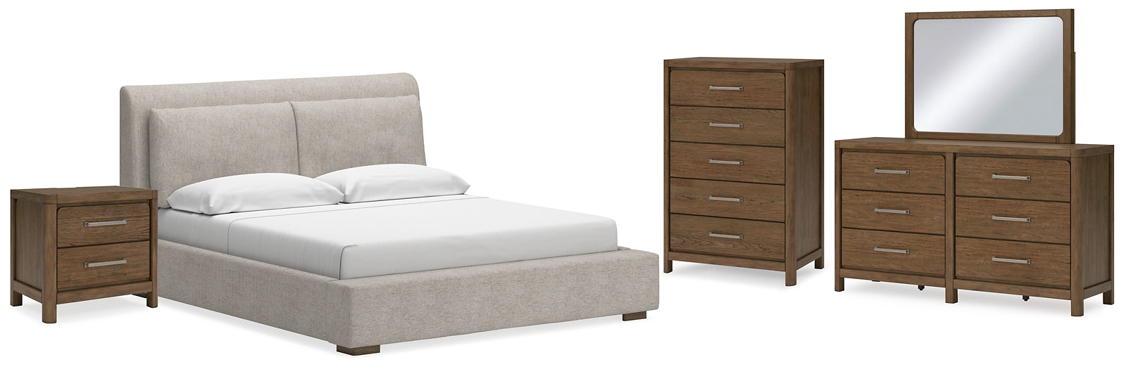 Cabalynn King Upholstered Bed with Mirrored Dresser, Chest and Nightstand