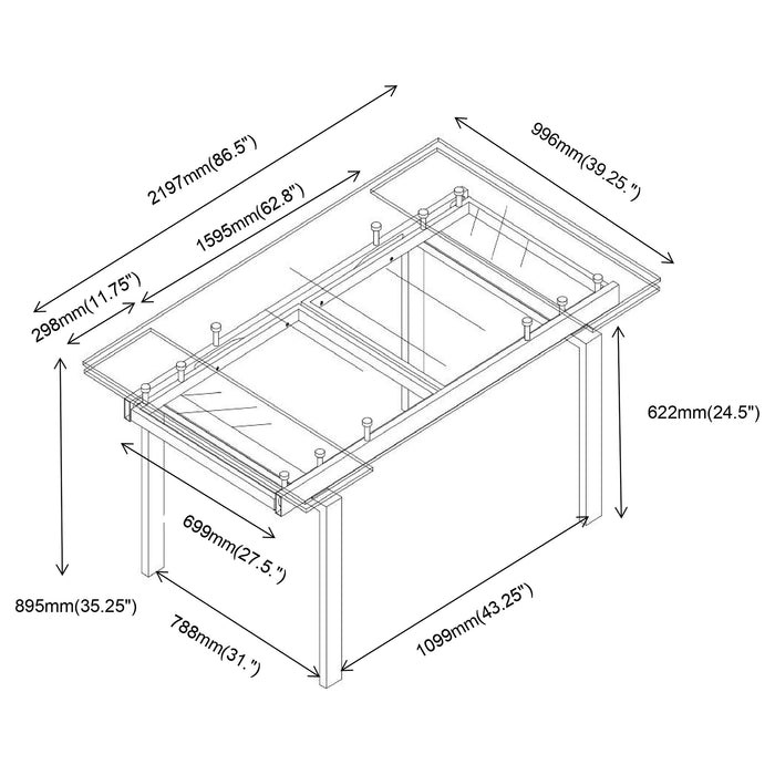 Wexford 87-inch Glass Top Extension Leaf Dining Table Chrome