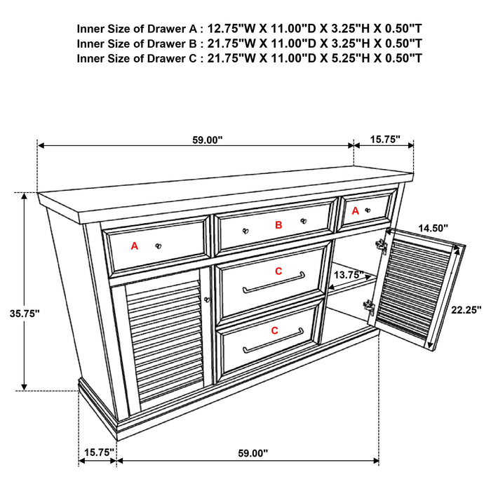 Aventine 5-drawer Sideboard Buffet Cabinet Vintage White