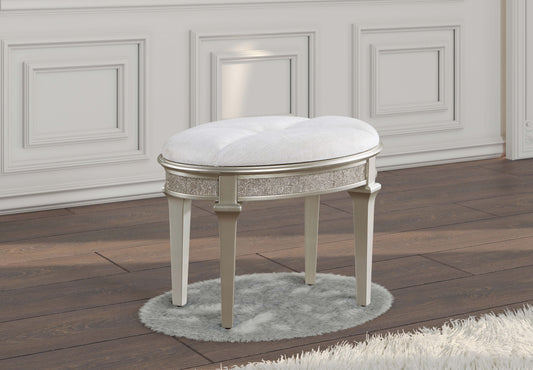 Evangeline Upholstered Oval Vanity Stool Silver and Ivory