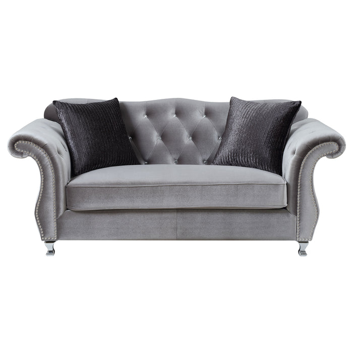 Frostine Upholstered Rolled Arm Tufted Loveseat Silver