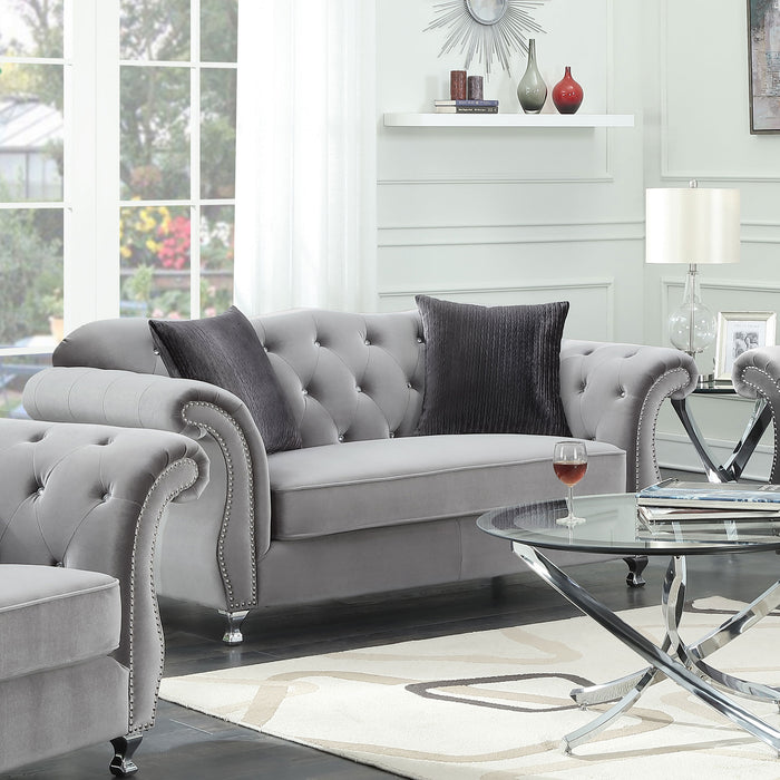 Frostine Upholstered Rolled Arm Tufted Loveseat Silver