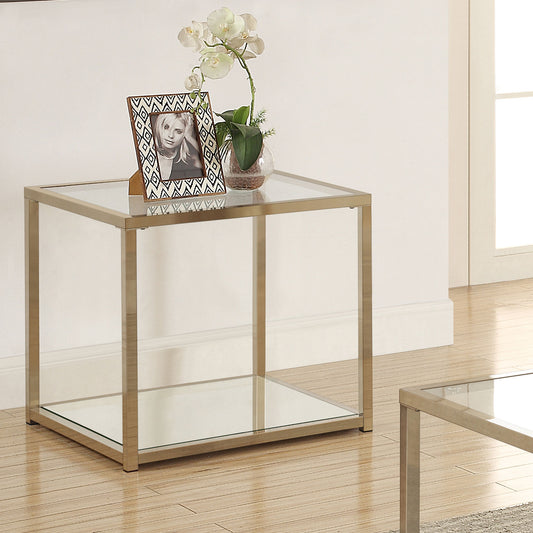 Cora Glass Top End Table Mirrored Shelf Chocolate Chrome