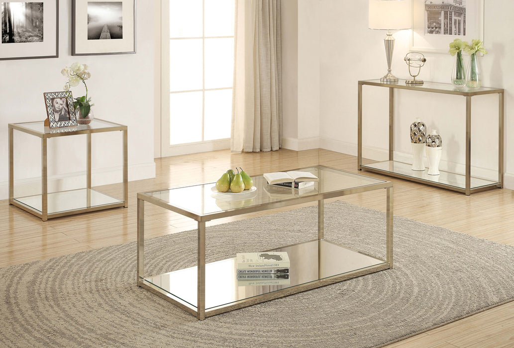 Cora Glass Top End Table Mirrored Shelf Chocolate Chrome