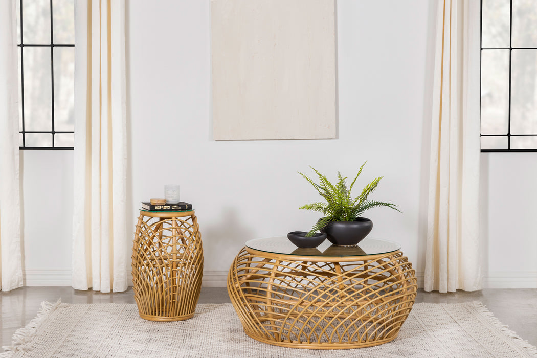 Dahlia Round Glass Top Woven Rattan End Table Natural