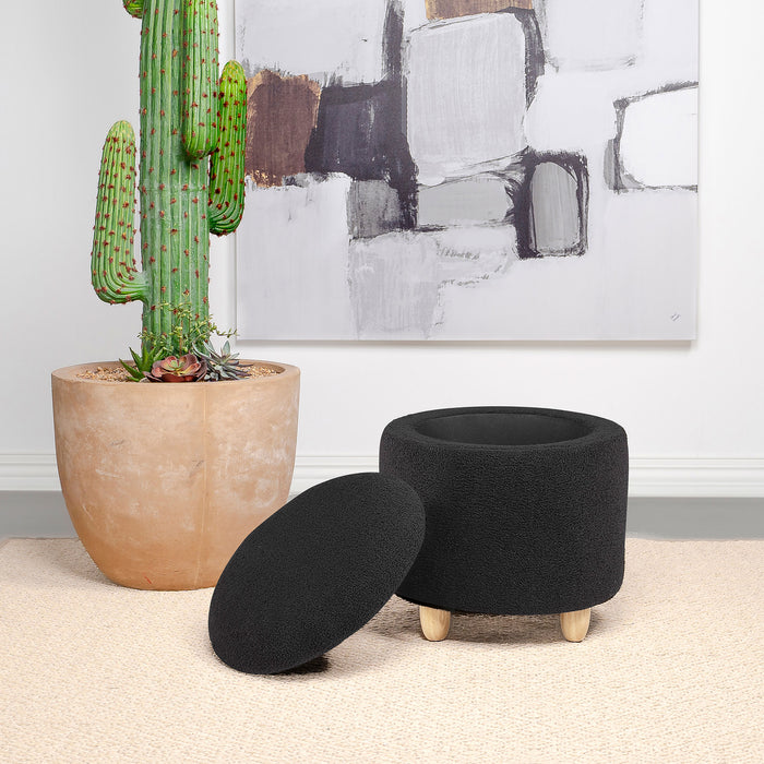 Valia Faux Sheepskin Upholstered Round Storage Ottoman Black