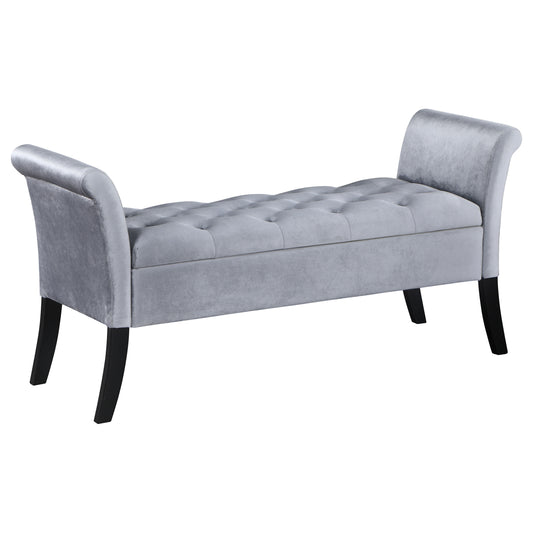 Farrah Velvet Upholstered Rolled Arm Storage Bench Silver