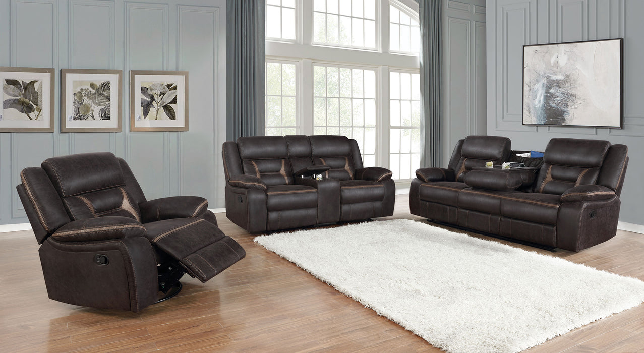 Greer Upholstered Motion Reclining Sofa Brown