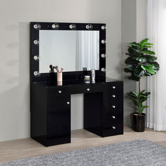 Acena 7-drawer Vanity Set with Lighting Black High Gloss