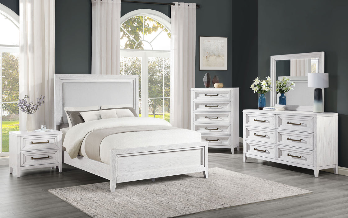 Marielle Eastern King LED Panel Bed Distressed White