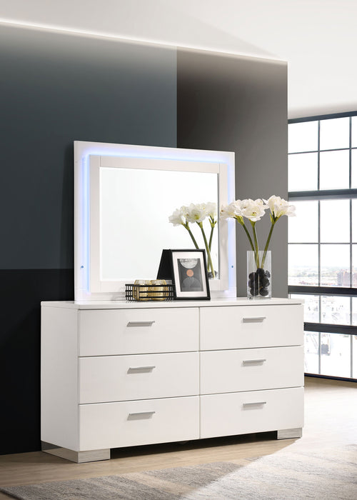 Felicity 6-drawer Dresser with LED Mirror White High Gloss