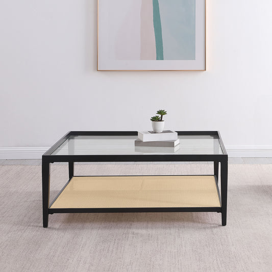 Amherst Glass Top Metal with Cane Shelf Coffee Table Black