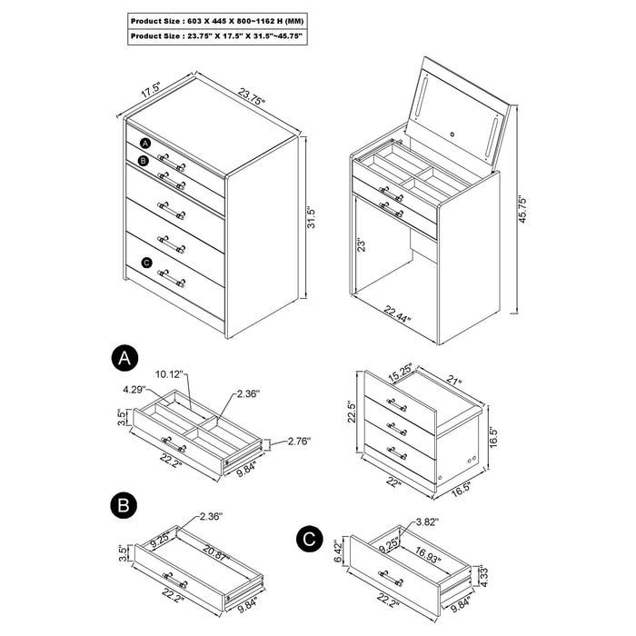 Danbury 3-drawer Makeup Vanity & Stool Set Grey High Gloss