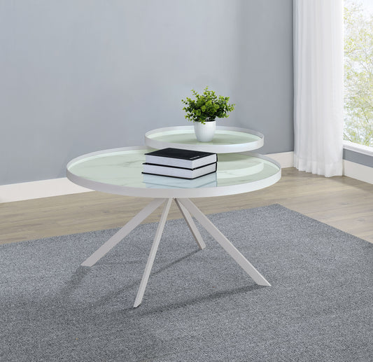 Briggs Round Marble Printed Glass Top Coffee Table White