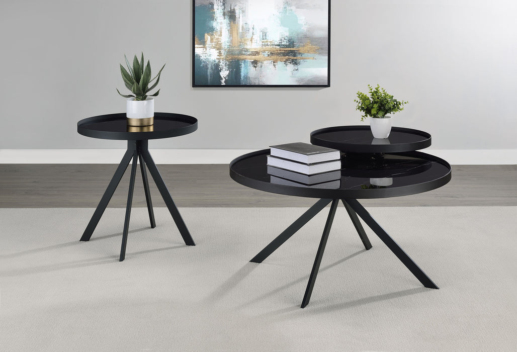 Briggs Round Marble Printed Glass Top End Table Black